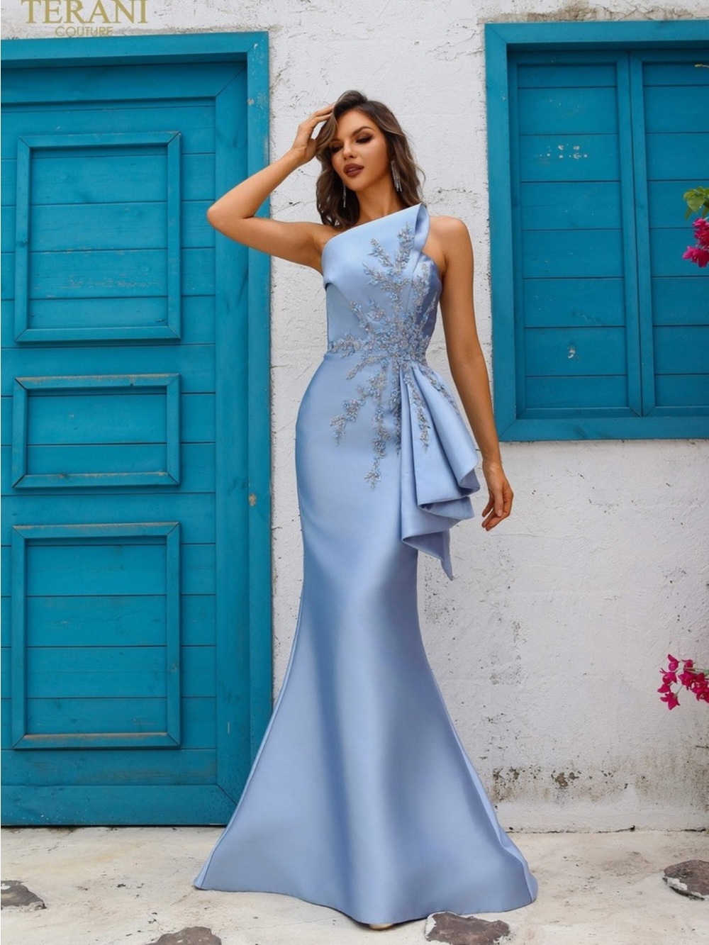NWT Terani One-Shoulder Satin Gown in Light Blue with Embellishment 251E4265